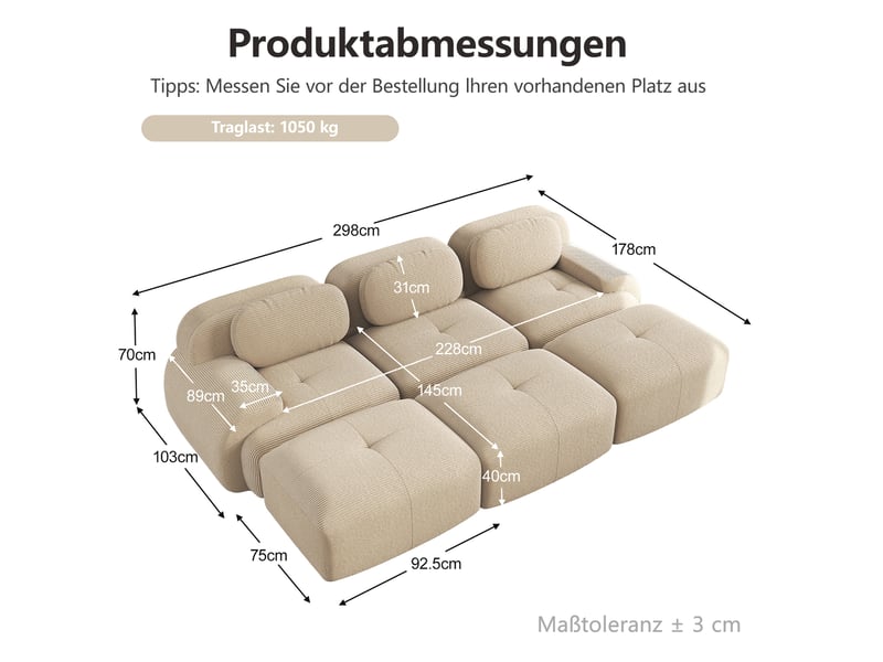  Canapé modulable 3 places 298x178x70 cm, trois poufs, prêt à installer, mousse 32d, velours côtelé, beige  - Conforama C