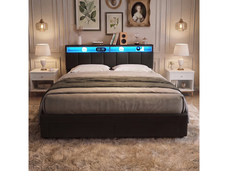 Lit rembourré 160x200 cm avec coffre de rangement hydraulique, tiroirs et compartiments de rangement, revêtement en lin gris, sans matelas - Conforama D