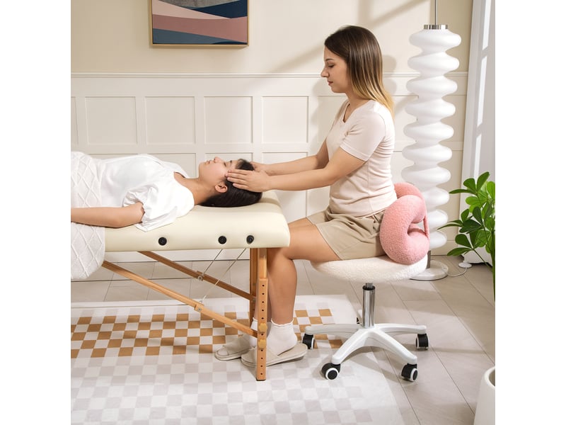  Tabouret pivotant réglable en hauteur avec dossier arqué, tissu teddy, 50 x 50 x 63-77 cm, blanc et rose  - Conforama C