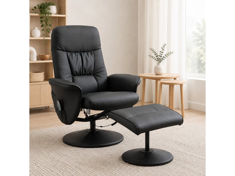  Fauteuil de relaxation massant inclinable avec repose-pieds en cuir reconstitué noir 76 x 81 x 105 cm  - Conforama C