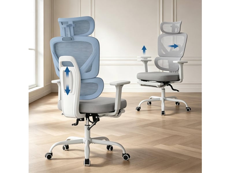  Chaise de bureau ergonomique avec repose-pieds réglable dossier inclinable et appuie-tête en maille et métal gris  - Conforama E