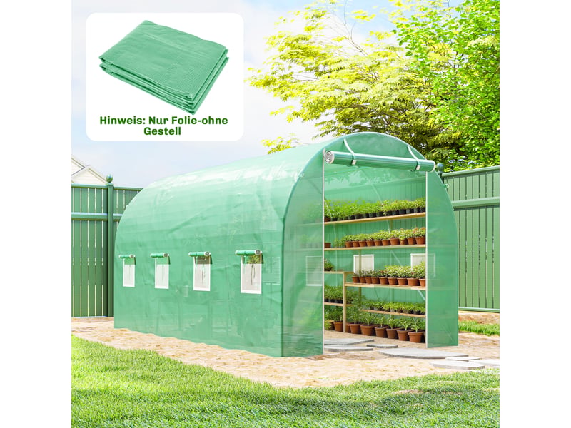  Film de serre 4 x 2 m, film de jardin imperméable avec porte, 8 fenêtres, protection uv, polyéthylène indéchirable, film vert uniquement  - Conforama D