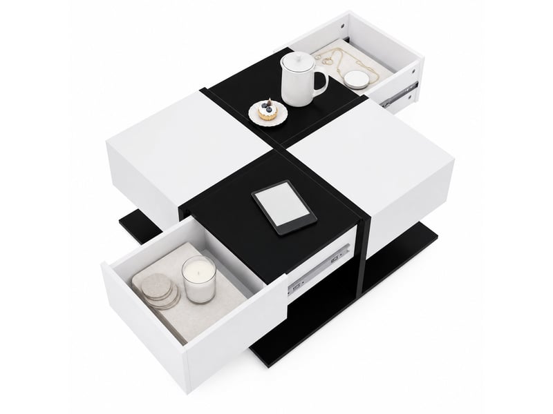  Table basse carrée avec 2 tiroirs et glissières à ouverture douce, en panneaux de particules noir et blanc, 70 × 70 × 35,5 cm  - Conforama A