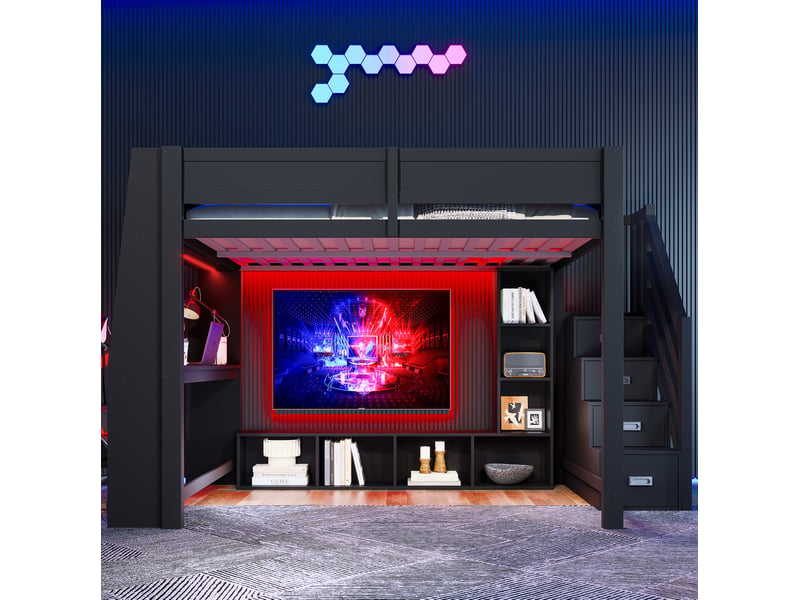 Lit mezzanine enfant 140 x 200 cm noir avec bureau, rangements, escalier et éclairage led - Conforama D