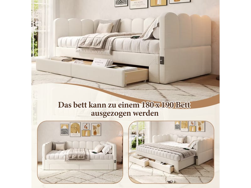  Lit rembourré 90x190 cm, canapé-lit avec 2 tiroirs de rangement, lit simple a extensible jusqu'à 180 cm, lit de jour avec port usb  - Conforama W