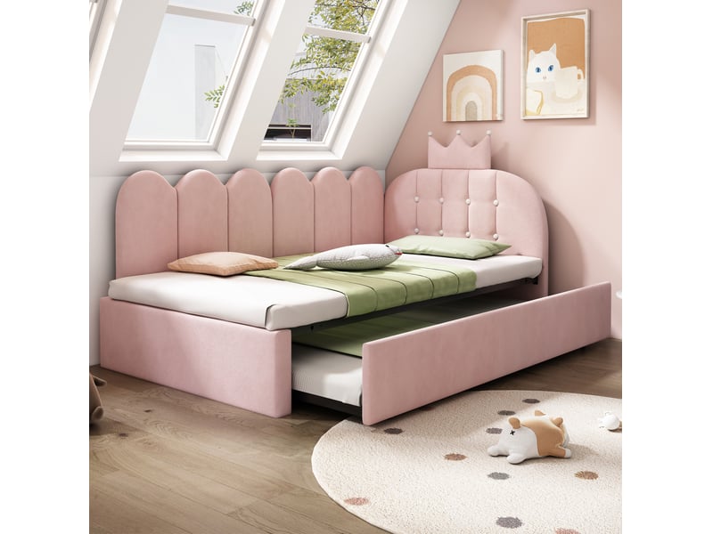 Lit gigogne 90x200 cm avec couchage 90x190 cm, velours rose, tête de lit couronne - Conforama C