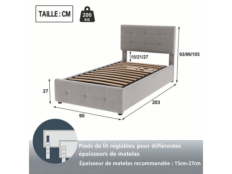  Lit enfant 90x200 cm avec coffre hydraulique, tête de lit réglable, velours gris  - Conforama C