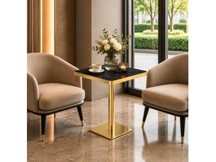Table à manger carrée 60 x 60 cm avec plateau uv aspect marbre, structure en métal noir et doré