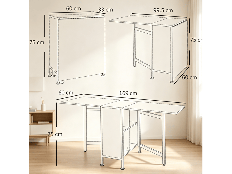 Table de salle à manger pliante avec 4 niches de rangement, plateau rabattable en mdf et acier blanc chêne clair - Conforama C