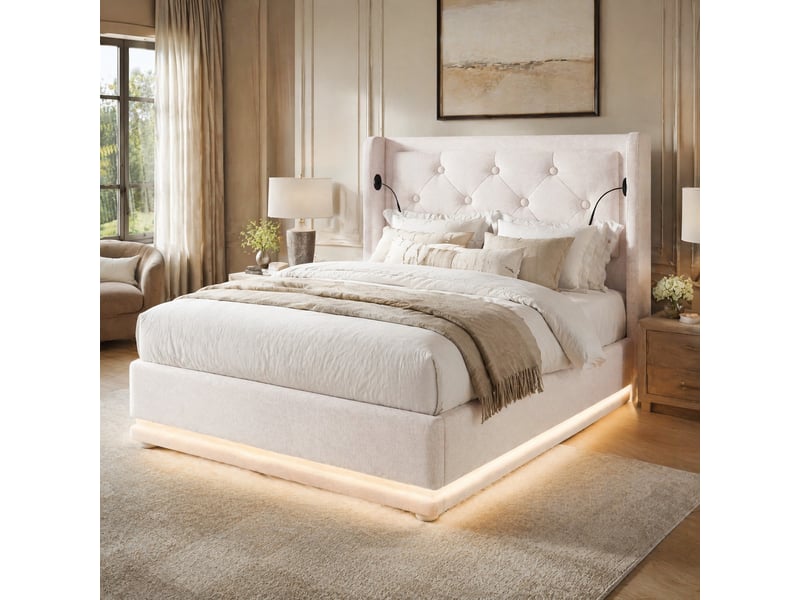  Lit coffre 90x200 cm beige en coton avec usb et type-c, tête de lit rembourrée et led sans matelas  - Conforama B