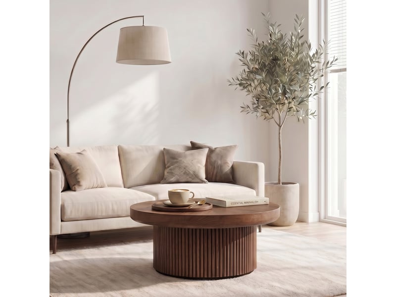  Table basse ronde 78x78x38,5 cm - avec plateau en parquet de bois véritable enchâssé et piétement tambour cannelé – mdf - noyer  - Conforama E