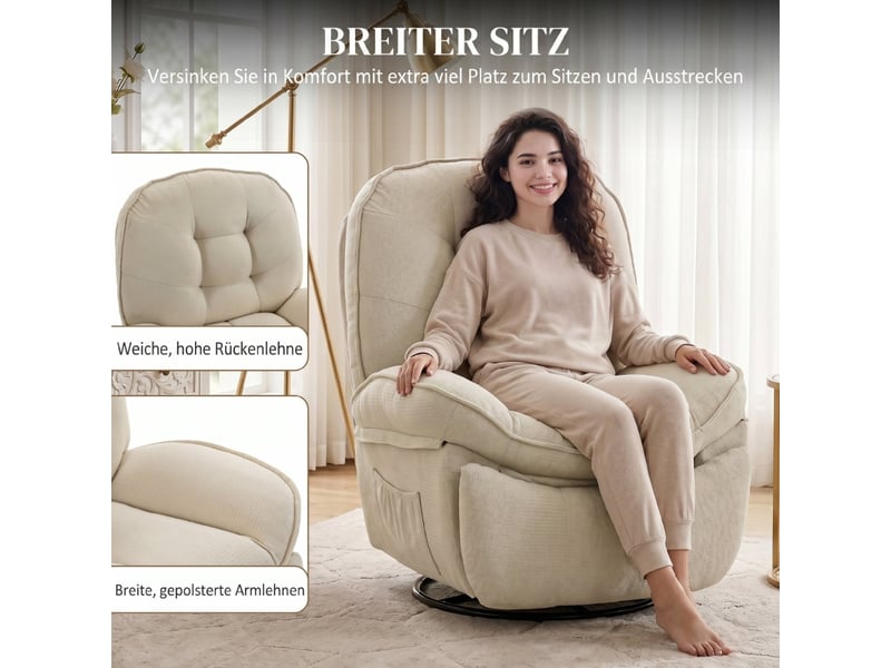 Fauteuil relax inclinable, longueur dépliée 162 cm, pivotant 360° et basculant, revêtement en chenille - Conforama C