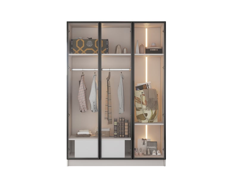  Armoire 110x50x160 cm 3 portes vitrées led panneau de particules blanc  - Conforama A