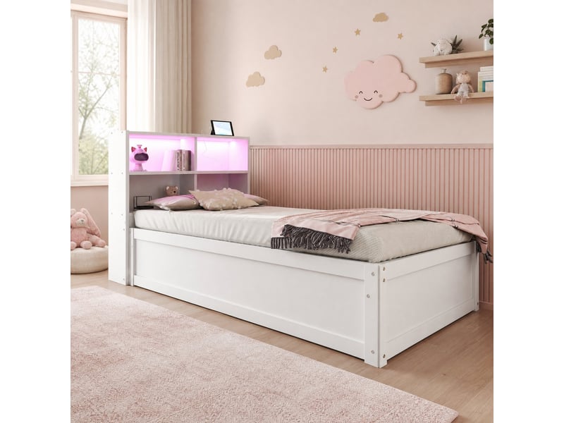  Lit simple 90 x 200 cm avec rangement hydraulique, led et prises intégré - blanc  - Conforama D
