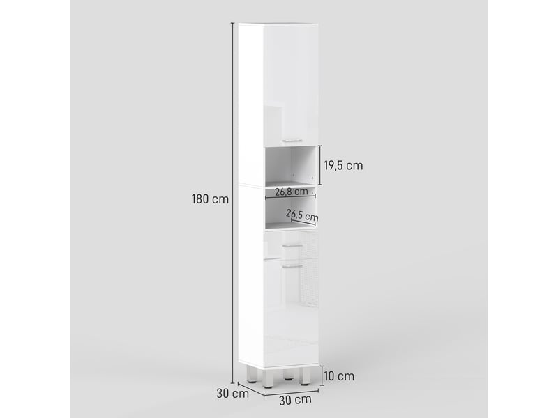  Meuble colonne salle de bain avec étagères réglables et compartiments ouverts, 30x30x180cm, blanc brillant  - Conforama C