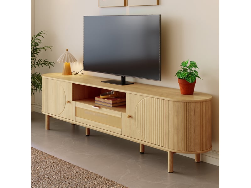  Meuble tv modulable 175 x 36 x 51 cm, tiroir en rotin, passe-câbles, naturel  - Conforama E