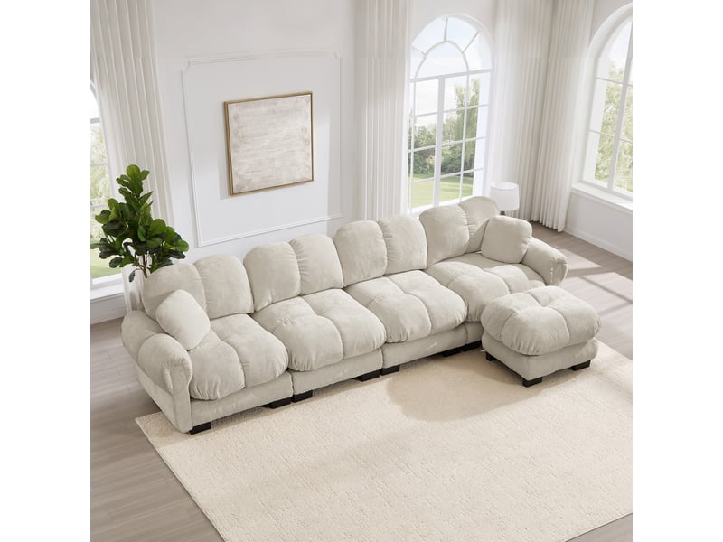  Canapé d'angle 4 places modulaire en tissu taupe clair avec ottomane mobile et dossier ergonomique  - Conforama E