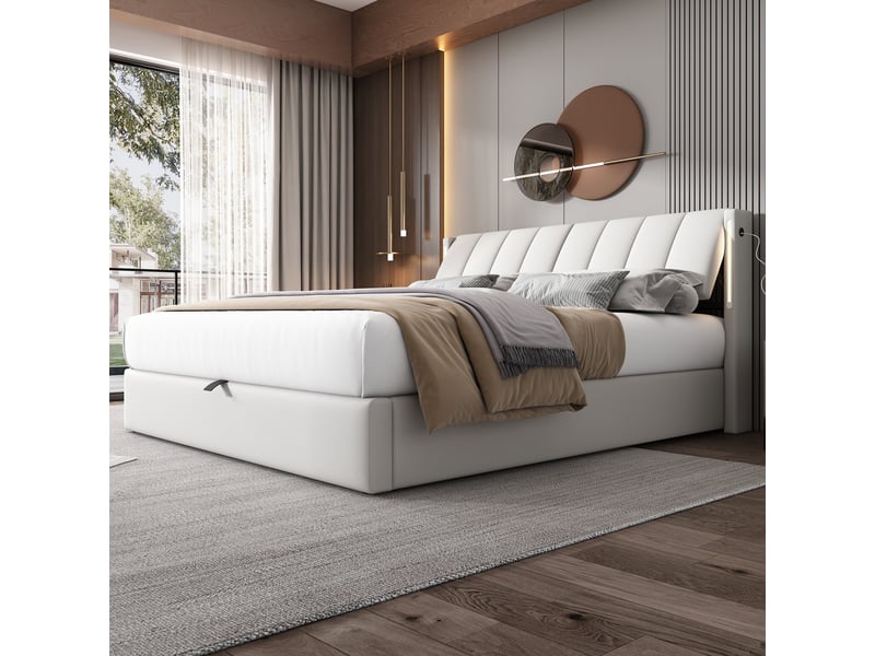  Lit coffre 180x200 cm avec éclairage led, port usb, rangement hydraulique et tête de lit réglable, pu blanc  - Conforama B