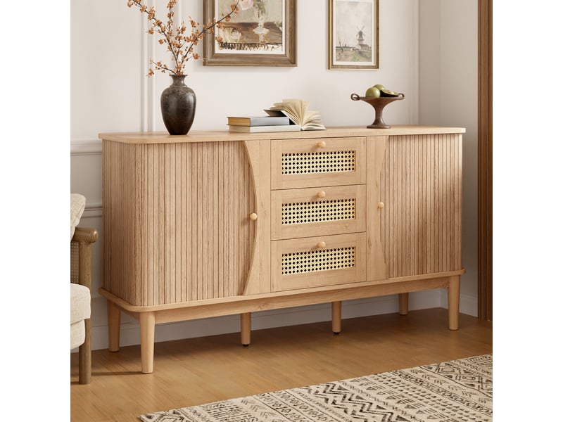 Buffet moderne, buffet bas, buffet bahut 141x40x77 cm avec 3 tiroirs, cannage rotin, portes coulissantes, rangement salon - bois naturel - Conforama B