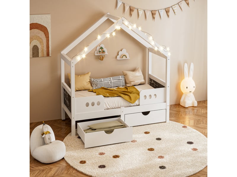  Lit cabane enfant blanc 90x200 cm en bois, 2 tiroirs intégrés, tableaux latéraux, charge 120 kg  - Conforama B