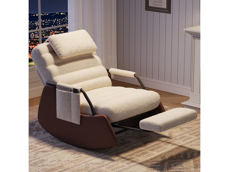  Fauteuil à bascule avec repose-pieds pliable, dossier réglable, inclinable avec appui-tête et rembourrage épais, fauteuil lounge pour salon et chambre de bébé, beige (laine d'agneau)  - Conforama D