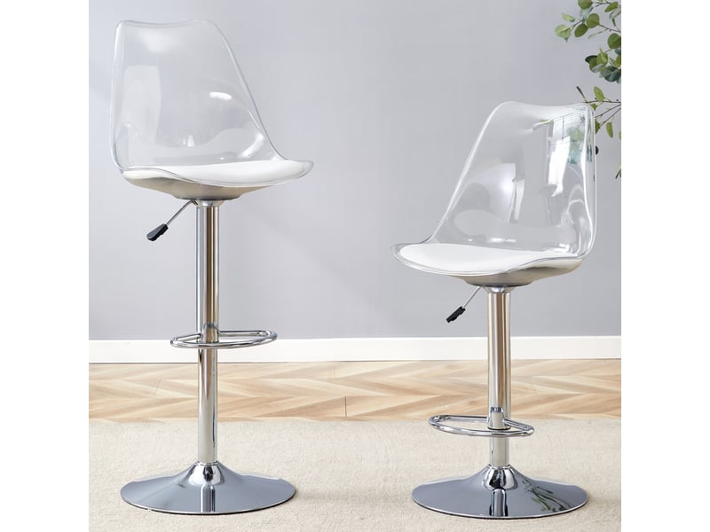  Lot de 2 - tabouret de bar réglable - 44,4 x 53,3 x 99-120 cm-transparent et blanc - dossier en plastique transparent, pivotant à 360° et base chromée  - Conforama C