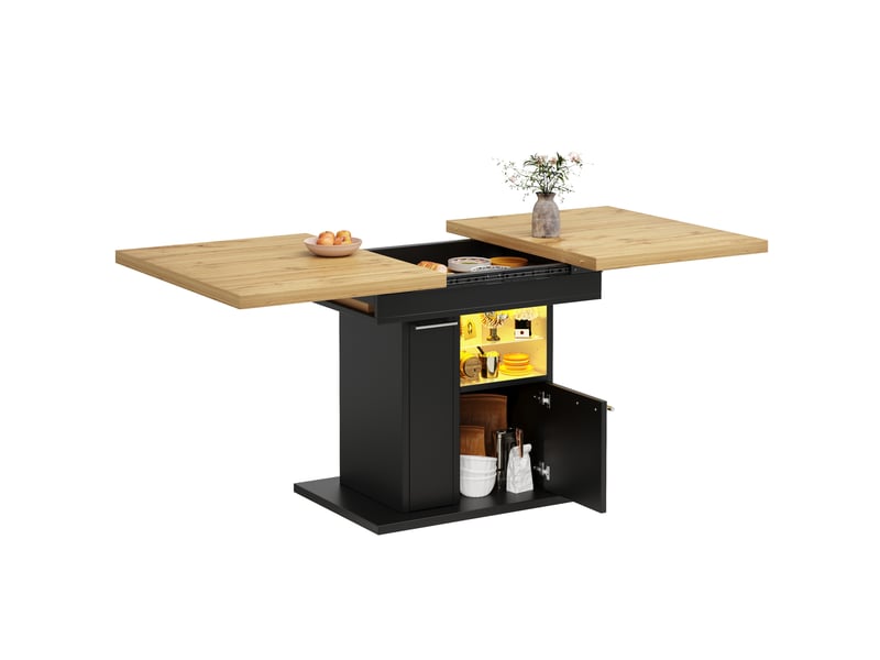  Table à manger extensible, 110-140x80x77,2 cm, avec espace de rangement led et tablettes, mdf et verre, coloris noir  - Conforama A