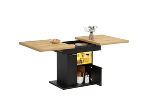 Table à manger extensible, 110-140x80x77,2 cm, avec espace de rangement led et tablettes, mdf et verre, coloris noir