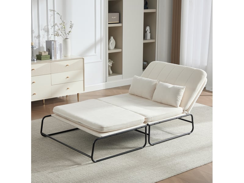  Canapé-lit 2 places modenvie convertible en lit avec poches de rangement latérales, chenille beige, structure en métal noir, 104 x 85 x 92 cm  - Conforama E