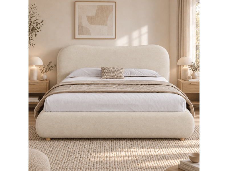  Lit coffre 160x200 cm avec sommier, tête de lit rembourrée, grand rangement, ouverture hydraulique, pieds en bois massif, beige chenille  - Conforama E