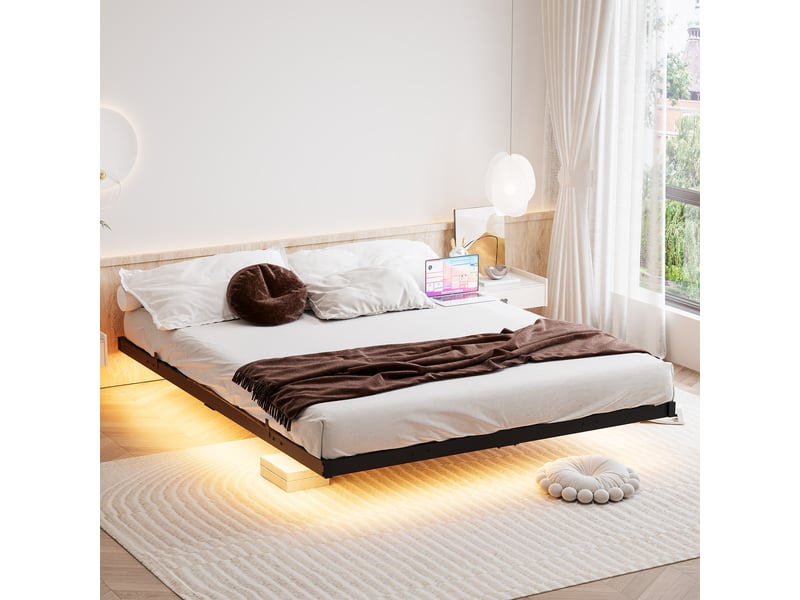  Cadre de lit, lit double 140x190 cm, led, station de recharge, sommier à lattes, métal noir  - Conforama C