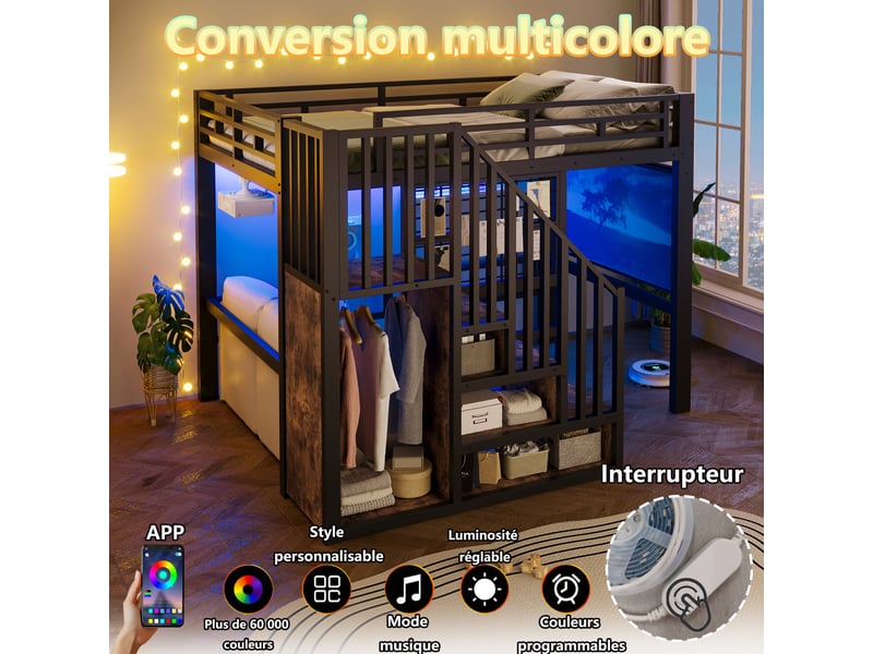  Lit mezzanine 140x200 cm avec escalier avec rangement et rangement, noir, bois et métal WX003013AAB - Conforama D