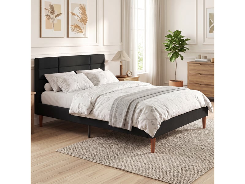 Lit double - tête de lit, pied de lit et sommier - compatible matelas 140 x 200 cm - tissu noir - Conforama C
