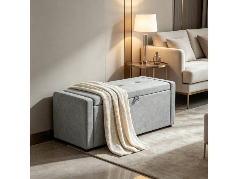  Banc de rangement gris clair 122 cm en tissu avec assise capitonnée et coffre  - Conforama D