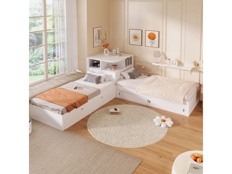 Lit superposé en l 90x200 cm avec lit gigogne, rangements coulissants et veilleuse led, blanc, sans matelas - Conforama R