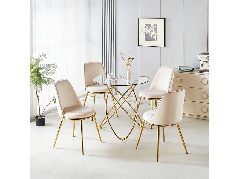  Ensemble table et 4 chaises rembourrées en velours, pieds dorés, dossier haut ergonomique, salle à manger moderne 5 pièces  - Conforama C