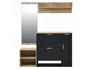 Vestiaire d'entrée 4 pièces avec meuble chaussures banc et miroir noir et naturel