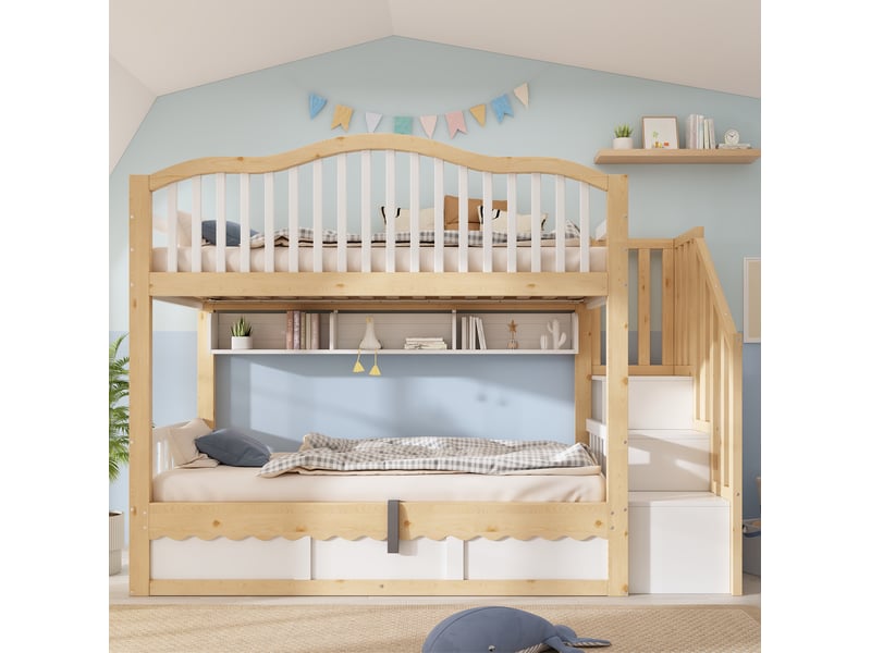  Lit superposé enfant 90x200 cm avec escalier de rangement coloris blanc et chêne  - Conforama E