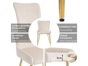 Chaise en velours - ensemble de 6 - beige+or - velours - pieds en métal doré - soutien lombaire - poids supporté 150 kg