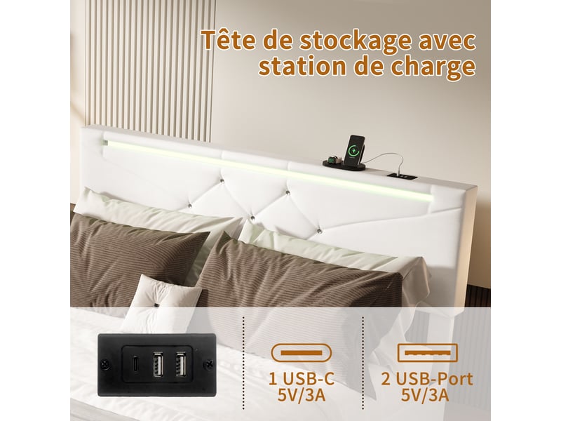  Lit coffre 160x200cm - lit double 160x200 avec éclairage led têtepied de lit, prises usb &amp; tissu en lin - beige  - Conforama D