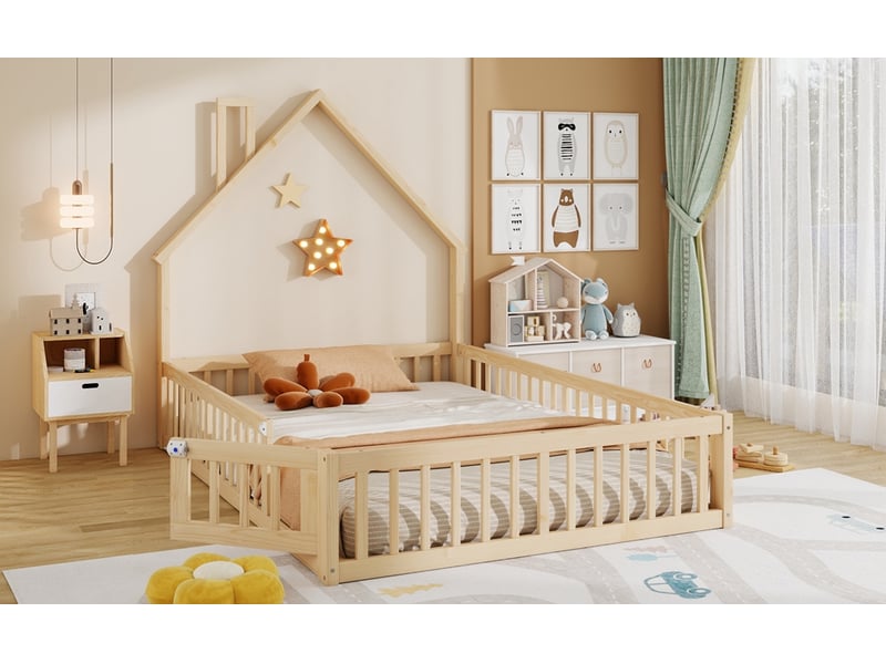  Lit enfant 140x190 cm bois de pin naturel style cabane avec cheminée sommier à lattes sans matelas Sol Morn - Conforama E