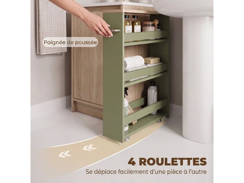  Chariot de rangement à 3 niveaux avec roulettes et poignée vert 48 x 15 x 80 cm  - Conforama E