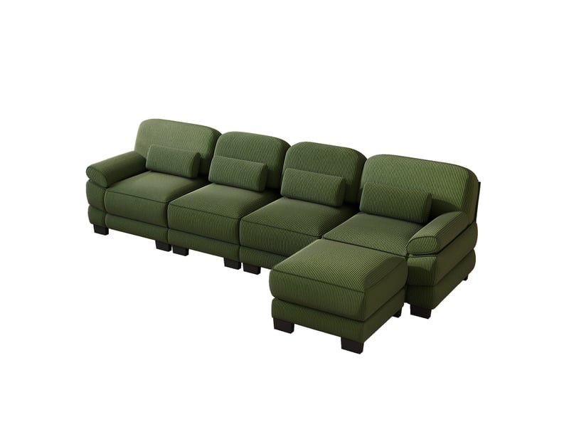 Canapé modulable en l 4 places 336x161x94 cm, combinaison flexible, assise profonde, avec pouf, tissu côtelé, vert - Conforama A