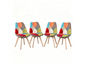 Lot de 4 chaises de salle à manger multicolores en tissu en lin avec pieds en bois