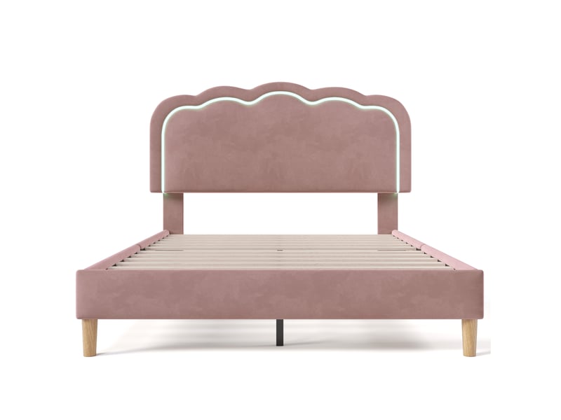  Lit enfant 140x200 cm, lit double capitonné, avec sommier à lattes et tête de lit led réglable, velours, rose, sans matelas  - Conforama A