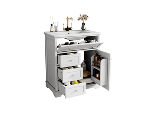 Meuble vasque sur pied blanc, 76 x 46 x 87 cm, en mdf et céramique, avec tiroir rabattable et vasque intégrée
