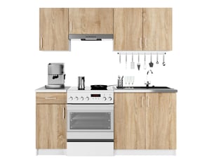 Ensemble de cuisine akord lima 1.8m blanc 180 cm 7 portes 1 tiroir façade chêne sonoma 8 étagères 180x44,5x203 cm
