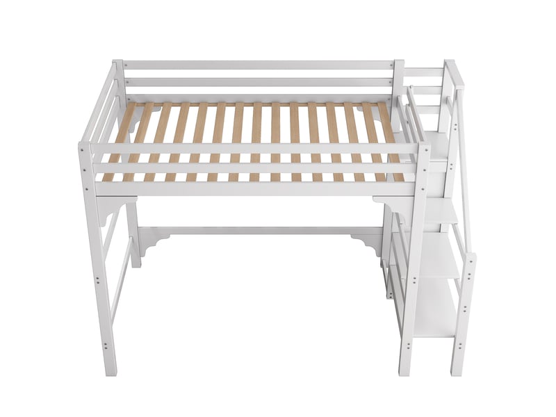 Lit mezzanine enfant 140x200 cm avec rangement, marches et penderie, pin, blanc, sans matelas - Conforama R