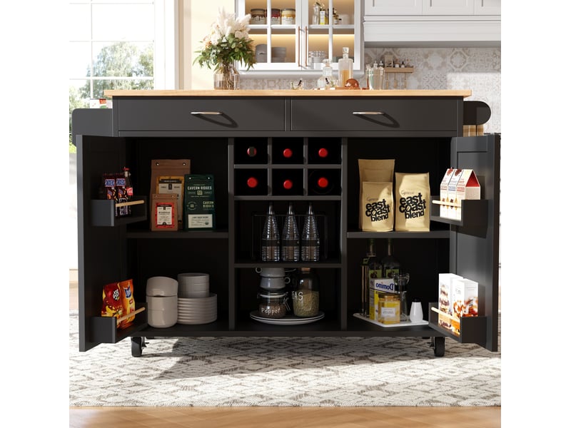  Desserte 102x45x92 cm, îlot de cuisine, roulettes à 360°, 2 tiroirs et 2 portes, pour cuisine, en mdf, noir et bois  - Conforama B