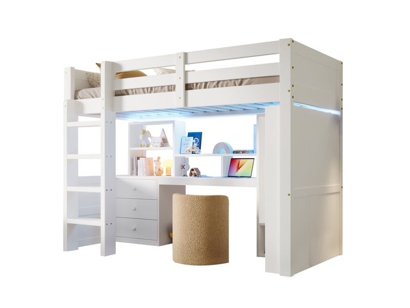 Lit mezzanine enfant 90x200 cm, led, armoire, bureau, tiroirs et compartiments de rangement, pin blanc, sans matelas - Conforama A